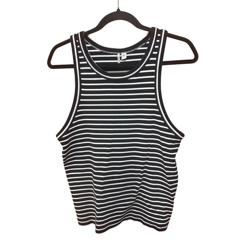 Nordstrom Women 2XL Black White Striped Ribbed High Neck Tank Top Racerback